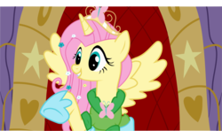 Size: 1024x607 | Tagged: safe, artist:artisticflounder, fluttershy, alicorn, pony, g4, alicornified, clothes, crown, dress, female, fluttercorn, race swap, solo