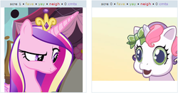 Size: 521x274 | Tagged: safe, princess cadance, sweetie belle (g3), g3, g3.5, g4, newborn cuties, exploitable meme, juxtaposition, juxtaposition win