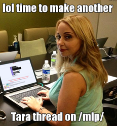 Size: 592x640 | Tagged: safe, human, /mlp/, 4chan, attention horse, image macro, irl, irl human, laptop computer, photo, reaction image, sleeveless, solo, tara strong, water bottle