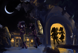 Size: 1280x864 | Tagged: safe, artist:spectralunicorn, twilight sparkle, oc, pony, semi-anthro, g4, balcony, bipedal, clothes, dancing, door, drinking, library, moon, night, party, ponyville, shoes, silhouette, telescope, twilight sparkle (alicorn)