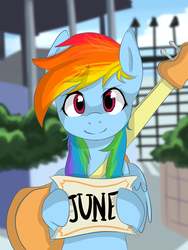 Size: 1024x1365 | Tagged: safe, artist:marisalle, rainbow dash, pegasus, pony, g4, bipedal, cute, female, guitar, holding, mare, sign, smiling, solo