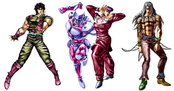 Size: 1219x640 | Tagged: safe, discord, fluttershy, rarity, sparkler (g1), g1, g4, crazy diamond, diavolo, fake, jojo's bizarre adventure, jonathan joestar, josuke higashikata, recolor, stand