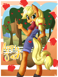 Size: 1080x1440 | Tagged: safe, artist:annakitsun3, applejack, earth pony, anthro, unguligrade anthro, g4, dungarees, female, looking at you, looking back, overalls, solo, unshorn fetlocks