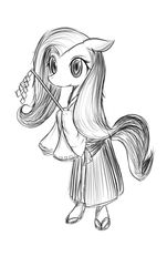 Size: 730x1210 | Tagged: safe, artist:smallboy322, fluttershy, pony, g4, bipedal, clothes, costume, female, kimono (clothing), miko, monochrome, pixiv, solo