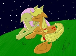 Size: 2124x1549 | Tagged: safe, artist:theorous, applejack, fluttershy, earth pony, pegasus, pony, g4, duo, eyes closed, female, kiss on the lips, kissing, lesbian, mare, missing accessory, night, outdoors, ship:appleshy, shipping