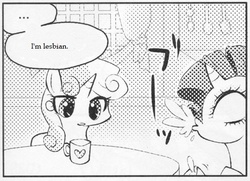 Size: 546x395 | Tagged: safe, rarity, sweetie belle, pony, unicorn, g4, ..., confession, exploitable meme, female, lesbian, many many pony, meme, monochrome, mug, spit take