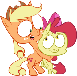 Size: 676x669 | Tagged: safe, artist:dinnerjoe, apple bloom, applejack, earth pony, pony, g4, female, filly, hug, mare