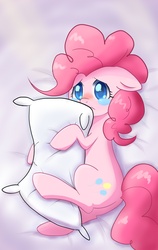 Size: 2400x3800 | Tagged: safe, artist:aymint, pinkie pie, earth pony, pony, g4, bed, blushing, crying, female, hug, lonely, mare, pillow, pixiv, sad, solo