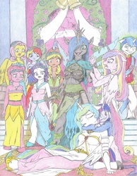 Size: 847x1090 | Tagged: safe, artist:sirartemisderpington, applejack, fluttershy, pinkie pie, princess cadance, princess celestia, queen chrysalis, rainbow dash, rarity, shining armor, twilight sparkle, anthro, unguligrade anthro, a canterlot wedding, g4, traditional art