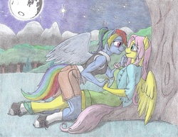 Size: 1094x844 | Tagged: safe, artist:sirartemisderpington, fluttershy, rainbow dash, anthro, unguligrade anthro, g4, clothes, converse, female, lesbian, ship:flutterdash, shipping, shoes, traditional art, tree