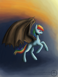 Size: 1200x1600 | Tagged: safe, artist:adalbertus, rainbow dash, dracony, hybrid, pony, g4, dragon wings, female, gradient background, mare, open mouth, rainbow dragon, rearing, solo