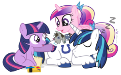 Size: 1040x650 | Tagged: safe, artist:dm29, princess cadance, shining armor, smarty pants, twilight sparkle, g4, blue's clues, crayon, cute, filly, hoofprint, horseshoes, julian yeo is trying to murder us, notebook, parody, simple background, sleeping, transparent background, trio, twily