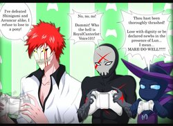 Size: 800x582 | Tagged: safe, artist:xprodigy, mare do well, princess luna, oc, g4, bleach (manga), crossover, dialogue, red x, teen titans, video game