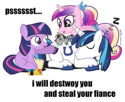 Size: 1040x850 | Tagged: safe, artist:dm29, edit, princess cadance, shining armor, smarty pants, twilight sparkle, friendship is witchcraft, g4, blue's clues, crayon, filly, hoofprint, image macro, implied incest, notebook, sleeping, trio