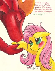 Size: 1698x2186 | Tagged: safe, artist:crazyrabidpony, fluttershy, oc, oc:smokey, dragon, g4, blushing, text, traditional art