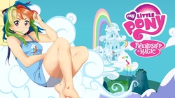 Size: 1920x1080 | Tagged: safe, artist:sazuko, rainbow dash, human, g4, barefoot, cloud, cloudsdale, cloudy, feet, female, humanized, solo, trace, wallpaper