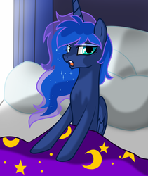 Size: 3731x4426 | Tagged: dead source, safe, artist:artitsmagic, artist:johnjoseco, princess luna, alicorn, pony, g4, absurd resolution, bed, bed mane, female, looking at you, mare, messy mane, morning ponies, open mouth, pillow, solo
