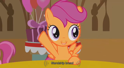 Size: 637x350 | Tagged: safe, screencap, scootaloo, pegasus, friendship is witchcraft, g4, bread, cute from the hip, female, offscreen character, raised hoof, solo, sugarcube corner, youtube caption