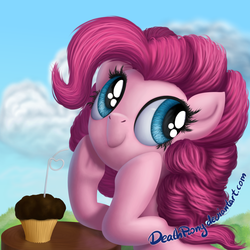 Size: 1024x1024 | Tagged: safe, artist:deathpwny, pinkie pie, earth pony, pony, g4, bust, cloud, cute, diapinkes, female, muffin, solo, straw