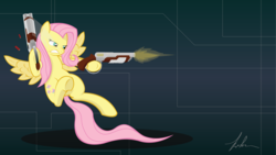 Size: 8002x4500 | Tagged: safe, artist:wreky, fluttershy, pegasus, pony, g4, absurd resolution, crossover, dual wield, female, flutterbadass, gun, marathon (video game), shotgun, solo, weapon, wste-5m combat shotgun