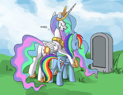 Size: 910x700 | Tagged: safe, artist:zadrave, princess celestia, rainbow dash, alicorn, pegasus, pony, g4, butt, celestia's grave meme, duo, exploitable, exploitable meme, female, gravestone, hoof shoes, implied death, mare, meme, meme template, plot, side hug, template