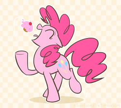 Size: 833x747 | Tagged: safe, artist:egophiliac, pinkie pie, earth pony, pony, slice of pony life, g4, checkered background, cupcake, cute, diapinkes, female, floppy ears, mare, open mouth, profile, solo, tongue out