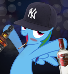 Size: 1000x1082 | Tagged: safe, edit, rainbow dash, g4, alcohol, blushing, cap, dashaholic, drunk, drunker dash, female, hat, smoking, solo