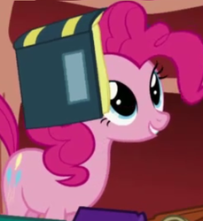 Size: 386x422 | Tagged: safe, screencap, pinkie pie, earth pony, pony, g4, season 1, sonic rainboom (episode), book, book hat, cropped, cute, female, golden oaks library, grin, mare, smiling, solo