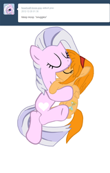 Size: 647x1009 | Tagged: safe, artist:animayhem, oc, oc only, oc:heartcall, oc:time tot, earth pony, pegasus, pony, cute, filly, hug, snuggling, tumblr