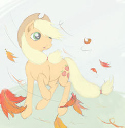 Size: 3937x4047 | Tagged: safe, artist:rukitichi, applejack, g4, female, high res, leaves, raised hoof, solo, wind