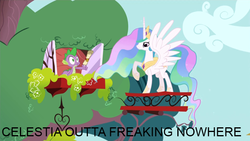 Size: 640x360 | Tagged: safe, edit, edited screencap, screencap, princess celestia, spike, alicorn, pony, feeling pinkie keen, g4, season 1, duo, golden oaks library, image macro, letter, out of fucking nowhere, surprised, window