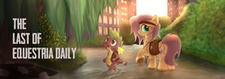 Size: 1000x350 | Tagged: safe, artist:mattatatta, fluttershy, spike, equestria daily, survivor shy, g4, banner, butt, bygone civilization, duo, headband, parody, plot, raised hoof, saddle bag, the last of us