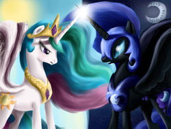 Size: 1024x768 | Tagged: source needed, useless source url, safe, artist:violetta2013, nightmare moon, princess celestia, g4