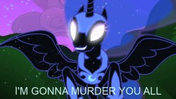 Size: 640x360 | Tagged: safe, edit, edited screencap, screencap, nightmare moon, alicorn, pony, g4, luna eclipsed, caption, evil, female, glowing eyes, image macro, implied murder, mare, night, nightmare moon glamour, solo, text