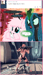 Size: 660x1140 | Tagged: safe, artist:mixermike622, queen chrysalis, oc, oc:fluffle puff, tumblr:ask fluffle puff, g4, animated, ask, controller, game, golden oaks library, halo (series), teabagging, tumblr, video game