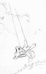 Size: 633x1000 | Tagged: safe, artist:tomatocoup, derpy hooves, pony, g4, female, monochrome, solo, swing, upside down