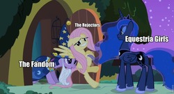 Size: 960x519 | Tagged: safe, edit, edited screencap, screencap, fluttershy, princess luna, twilight sparkle, equestria girls, g4, luna eclipsed, my little pony: friendship is magic, clothes, cosplay, costume, equestria girls drama, image macro, inverted mouth, nightmare night costume, star swirl the bearded costume, twilight the bearded