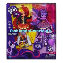Size: 1024x1024 | Tagged: safe, sunset shimmer, twilight sparkle, equestria girls, g4, alternative cutie mark placement, club card, facial cutie mark, female, irl, photo, ponied up, toy, twilight sparkle (alicorn)