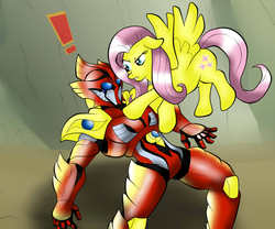 Size: 1709x1425 | Tagged: safe, fluttershy, phoenix, g4, crossover, exclamation point, friendship is showtime!, kaijin, kamen rider, kamen rider wizard, monster, the stare