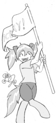 Size: 684x1500 | Tagged: safe, artist:dj-black-n-white, oc, oc only, oc:hope, hybrid, satyr, celebration, eyes closed, female, flag, grayscale, monochrome, parent:lyra heartstrings, simple background, solo, traditional art, victory, white background
