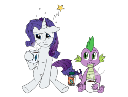 Size: 5328x4024 | Tagged: safe, artist:greenlinzerd, rarity, spike, dragon, pony, unicorn, g4, absurd resolution, aspirin, bed mane, coffee, female, hangover, headache, male, mare, morning after, mug, ship:sparity, shipping, simple background, sitting, straight, transparent background