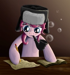 Size: 863x926 | Tagged: dead source, safe, artist:xioade, pinkie pie, g4, bubble, bubble pipe, female, hat, hoofwriting, paper, pencil, pipe, solo, ushanka, writing