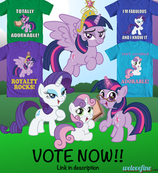 Size: 1024x1124 | Tagged: safe, artist:aleximusprime, rarity, sweetie belle, twilight sparkle, alicorn, pony, g4, big crown thingy, clothes, contest, female, mare, t-shirt, twilight sparkle (alicorn), welovefine