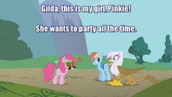 Size: 1280x720 | Tagged: safe, edit, edited screencap, screencap, gilda, pinkie pie, rainbow dash, griffon, g4, griffon the brush off, eddie murphy, female, image macro, lesbian, reference, ship:pinkiedash, shipping, text