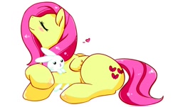 Size: 1150x694 | Tagged: safe, artist:yukandasama, angel bunny, fluttershy, g4, blushing, fluttermom, heart, hug