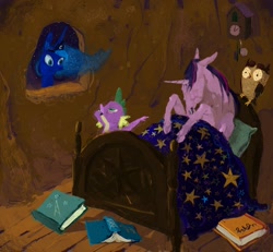 Size: 1280x1185 | Tagged: safe, artist:cutebrows, owlowiscious, princess luna, spike, twilight sparkle, g4, bed, book, golden oaks library, hoers, night, sleeping