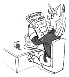 Size: 531x591 | Tagged: safe, artist:kevinsano, prince blueblood, pony, unicorn, g4, bunny slippers, clothes, grayscale, implied princess twilight, implied twilight sparkle, male, monochrome, newspaper, robe, simple background, sketch, solo, white background