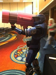 Size: 500x669 | Tagged: safe, artist:algedor, princess luna, human, g4, algedor, armor, convention, convention:eqla, cosplay, customized toy, eqla, equestria la, halo (series), irl, irl human, party cannon, photo, pinkie launcher, rocket launcher, weapon