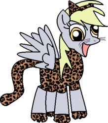 Size: 349x399 | Tagged: dead source, safe, artist:youwillneverkno, derpy hooves, big cat, cat, leopard, pegasus, pony, g4, cat ears, clothes, costume, female, mare, simple background, solo, transparent background