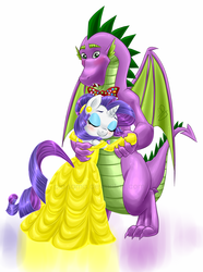 Size: 1000x1347 | Tagged: safe, artist:pia-sama, rarity, spike, g4, beauty and the beast, bowtie, crossover, female, male, older, ship:sparity, shipping, straight, winged spike, wings